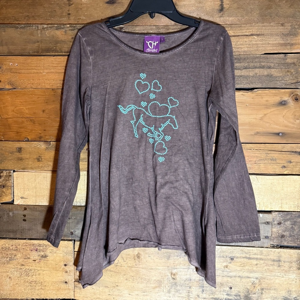 Girls Cowgirl Hardware Brown Horses & Hearts‎ Long-sleeve Tee Large 8/10